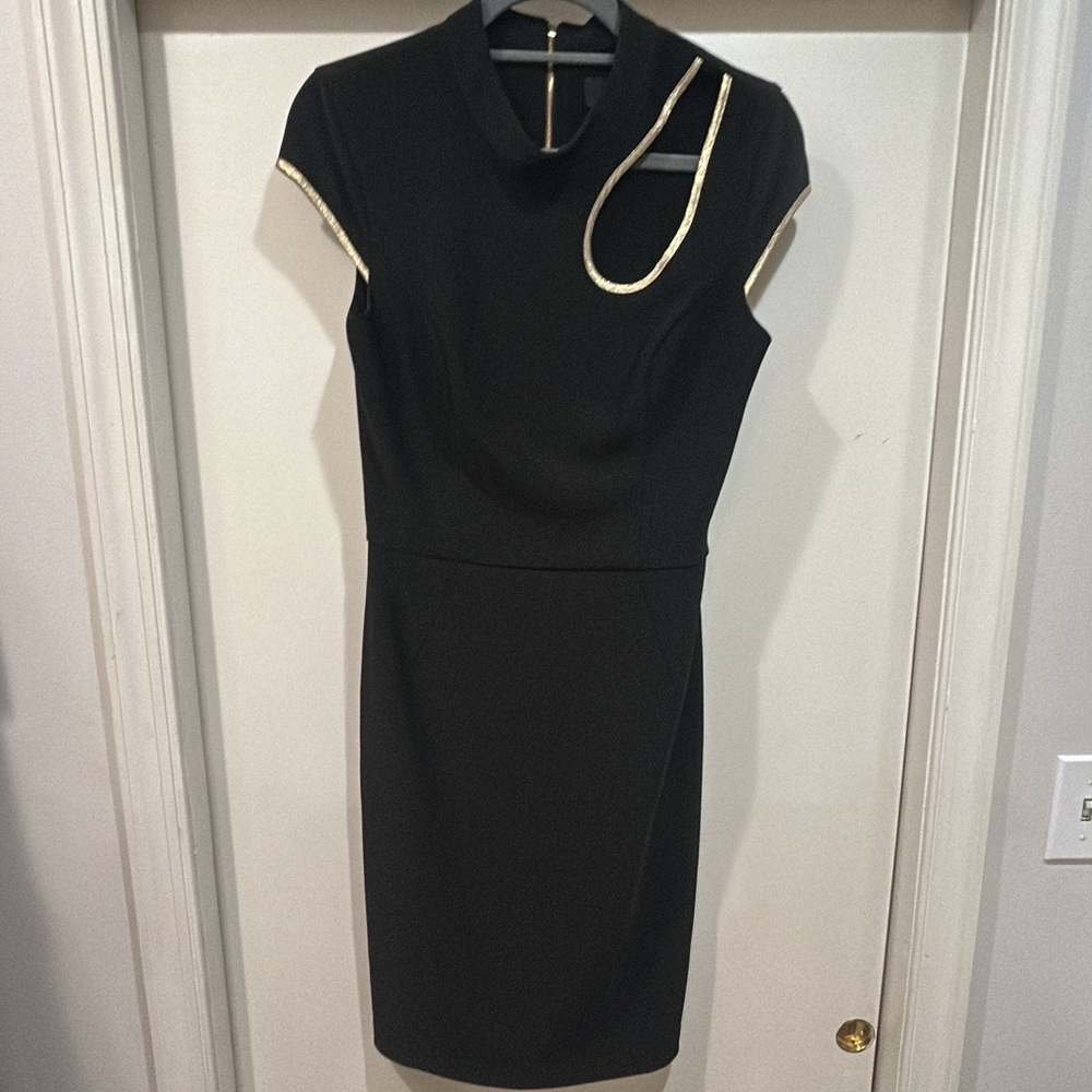 ABS Allen Schwartz Black Midi Dress with Gold Trim